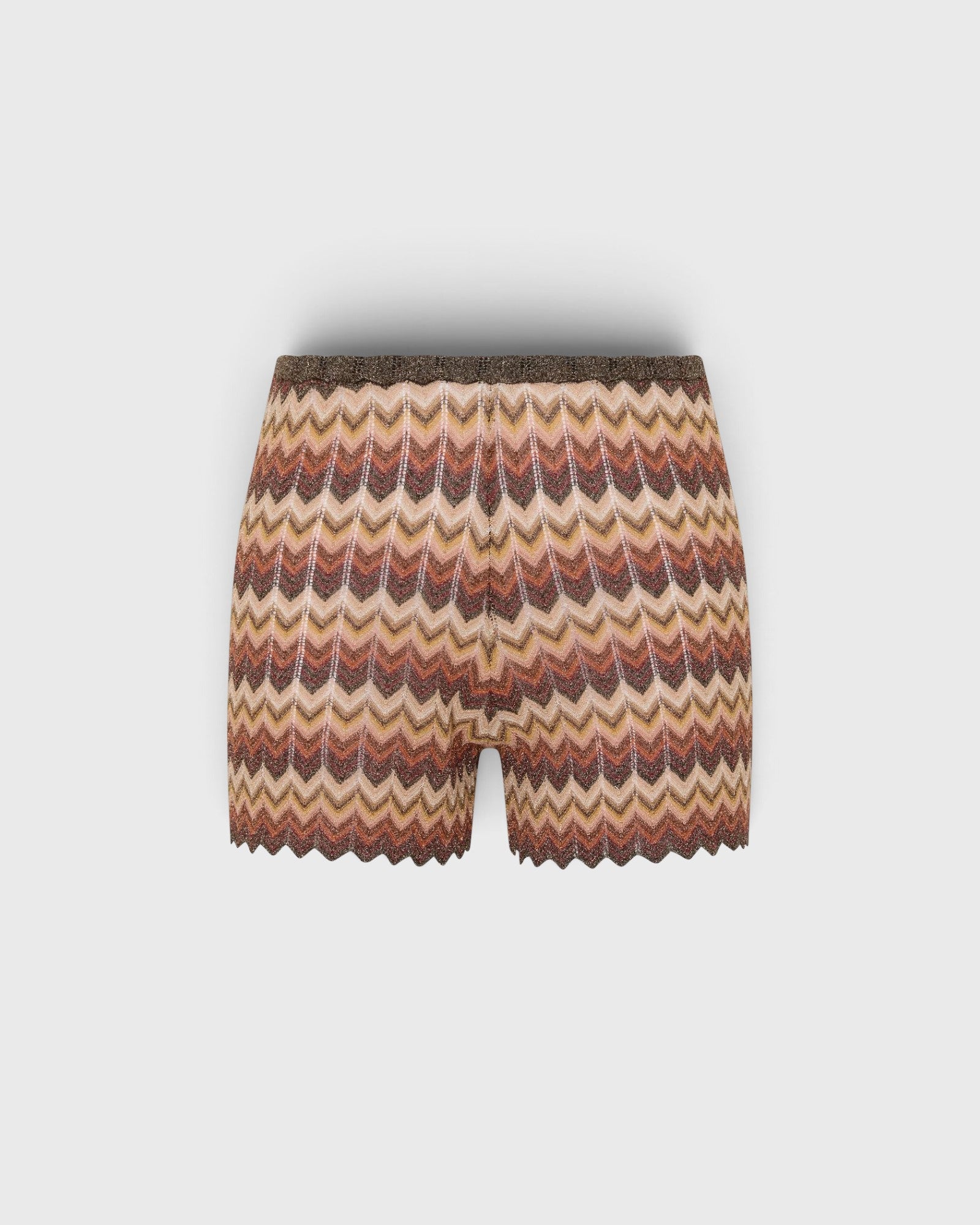 JONES + CO Raya high-rise knit mini shorts in a multi-color zig zag stripe pattern with a ribbed waistband.