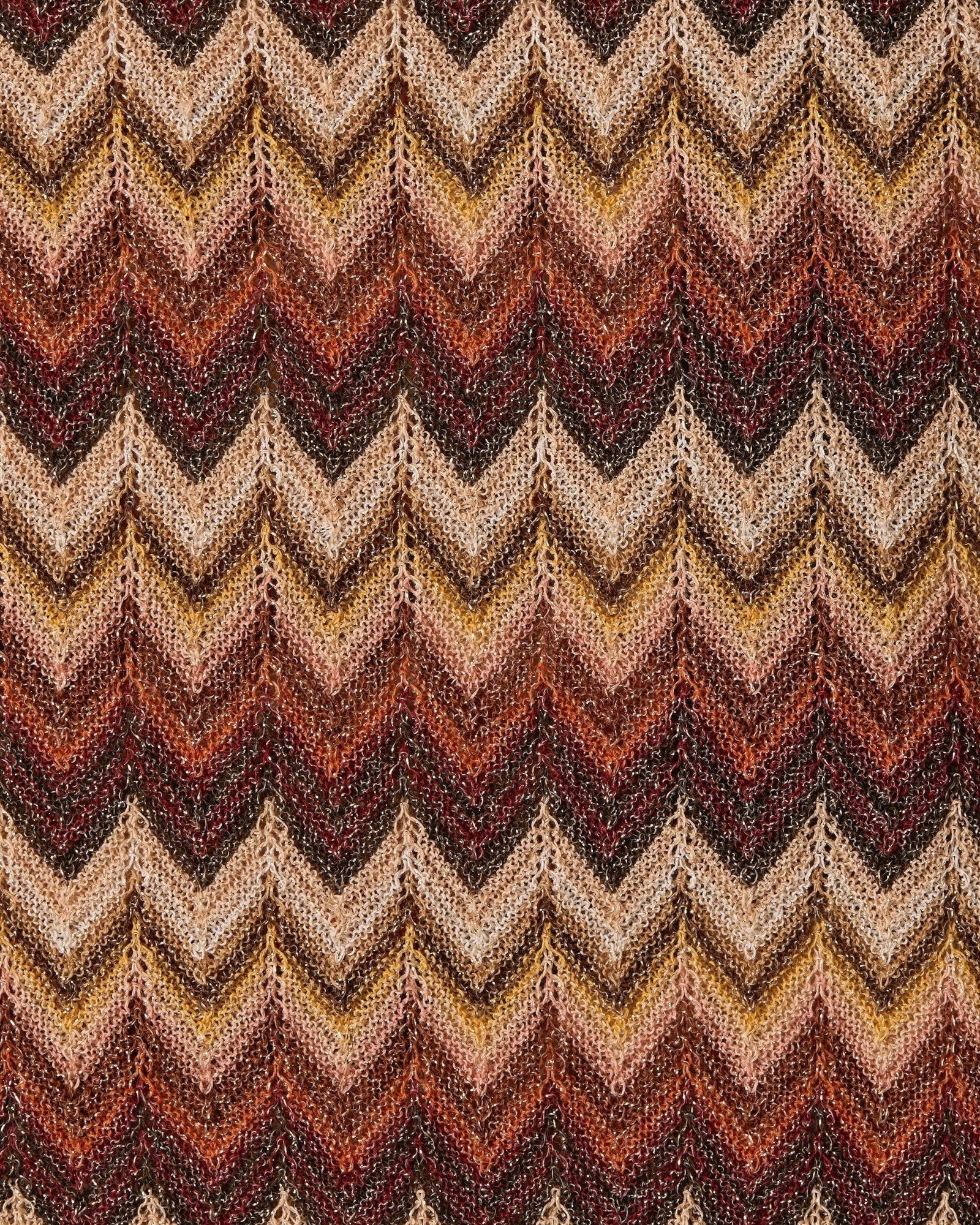 JONES + CO Raya polo top fabric detail featuring a crochet-feel knit in a multi-coloured chevron Lais stripe pattern.