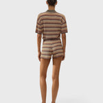 JONES + CO Raya polo top and matching shorts in Lais stripe crochet-feel knitwear, back view on a model.