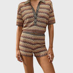 JONES + CO Raya polo top in Lais stripe crochet knit featuring a collared neckline and button front closure.