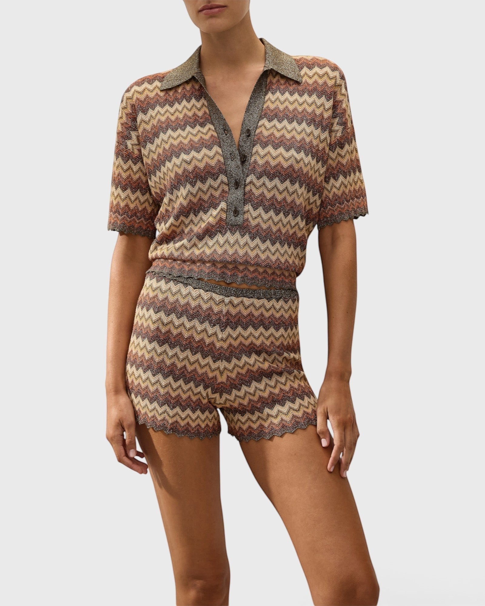 JONES + CO Raya polo top in Lais stripe crochet knit featuring a collared neckline and button front closure.