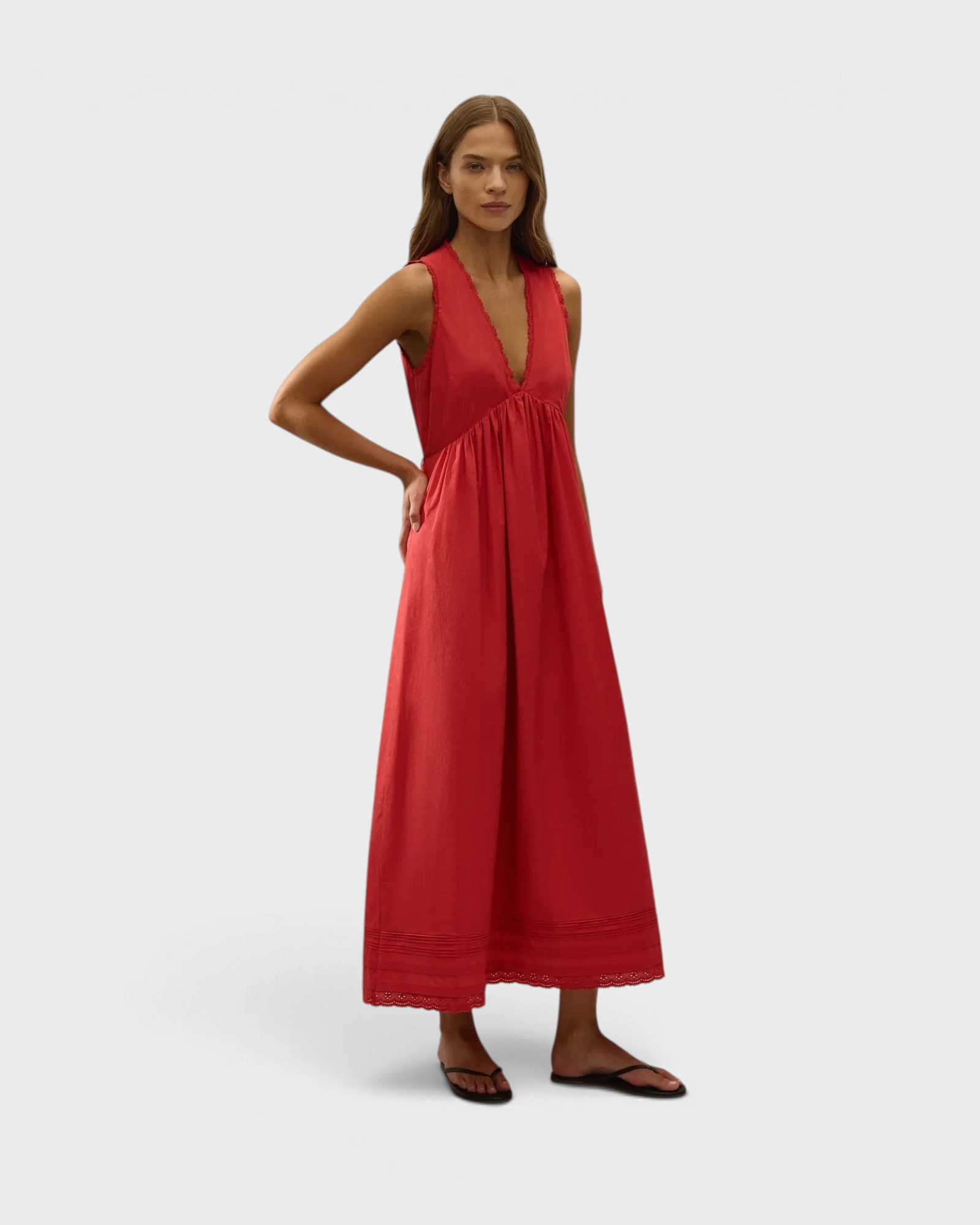 JONES + CO Jovita midi dress in red cotton poplin with V-neck, broderie lace trim, and pintucked hem on a model.