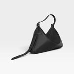 JONES + CO Rider M black calf leather shoulder bag with a unique skateboard rink shape and adjustable belt strap.