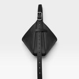 JONES + CO Rider M black soft calf leather bag with an adjustable belt-style strap and palladium brass hardware.