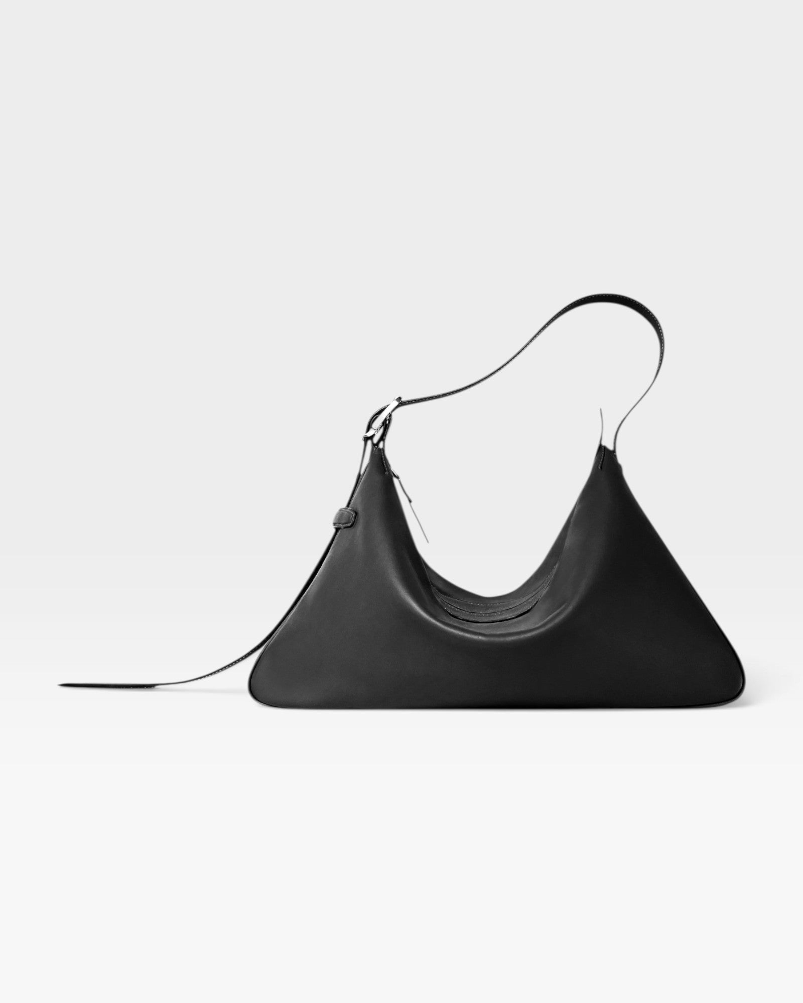 JONES + CO Rider M black soft calf leather shoulder bag with adjustable belt-style strap and palladium hardware