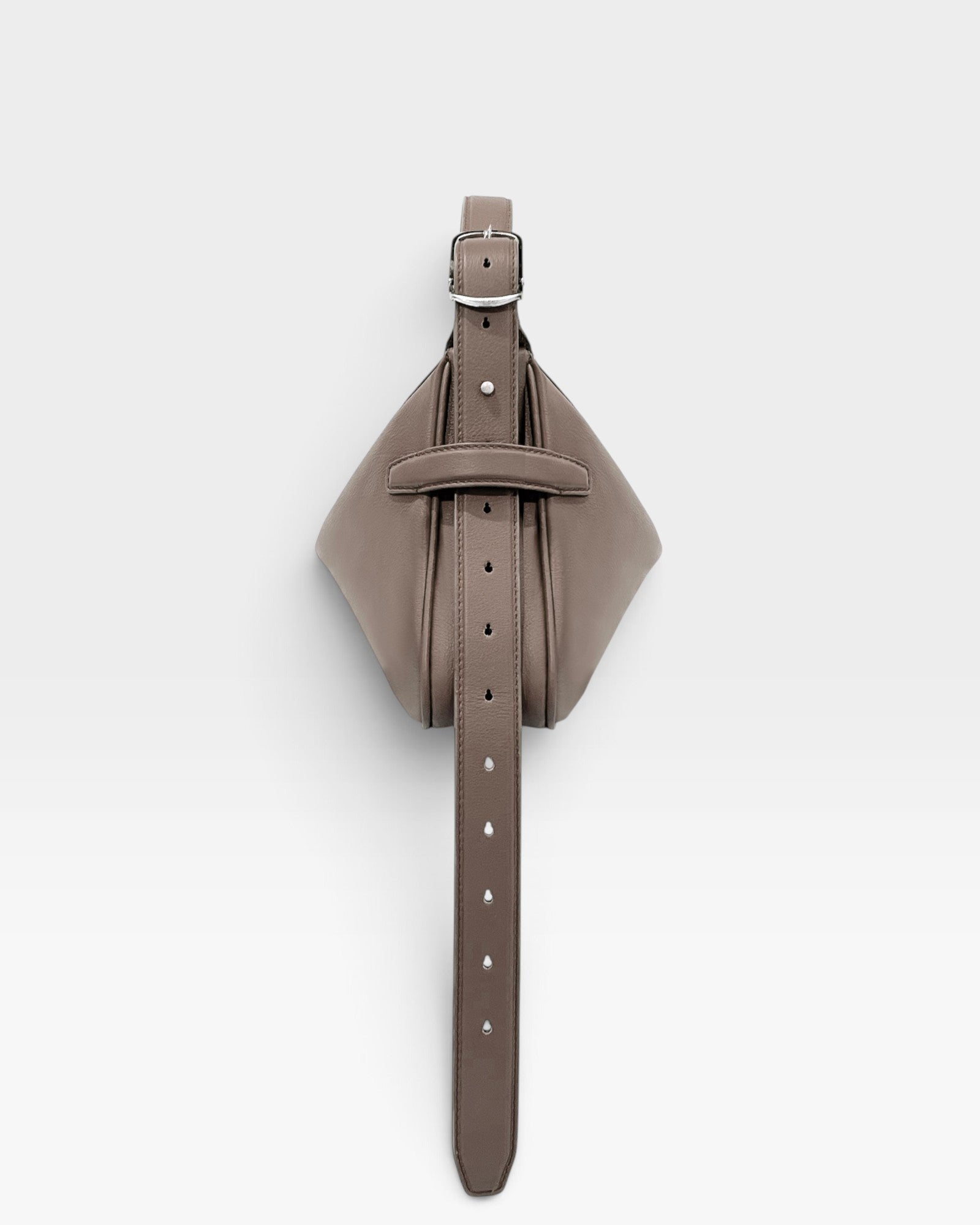 JONES + CO Rider S taupe soft calf leather bag with an adjustable belt-style strap and palladium hardware