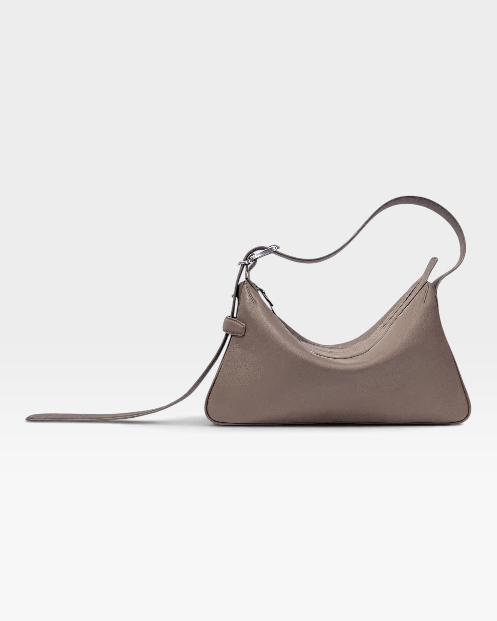 JONES + CO Rider S taupe soft calf leather shoulder bag with adjustable belt-style strap and palladium hardware