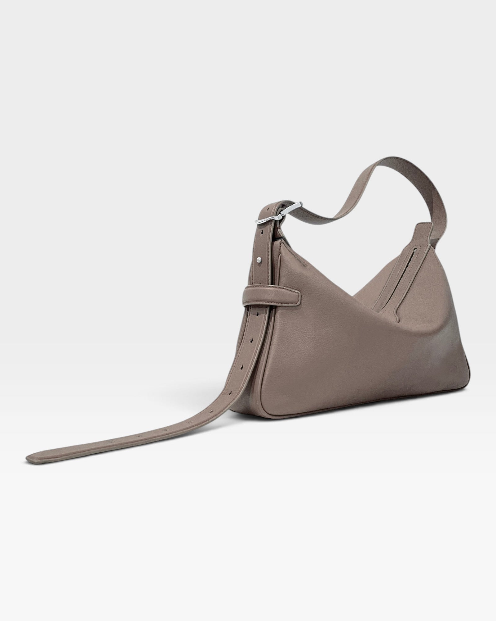 JONES + CO Rider S taupe soft calf leather shoulder bag with adjustable belt-style strap and palladium hardware