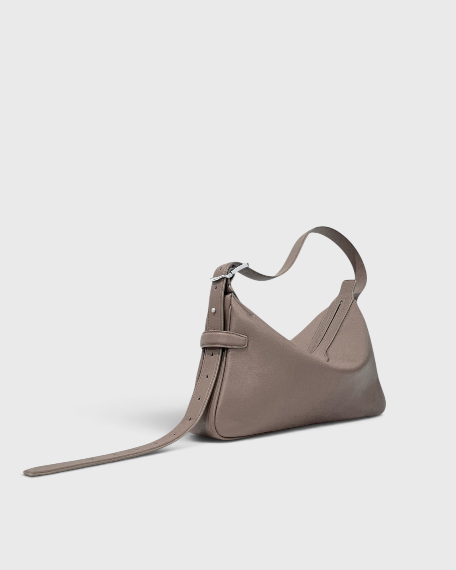 JONES + CO Rider S taupe soft calf leather shoulder bag with adjustable belt-style strap and palladium hardware