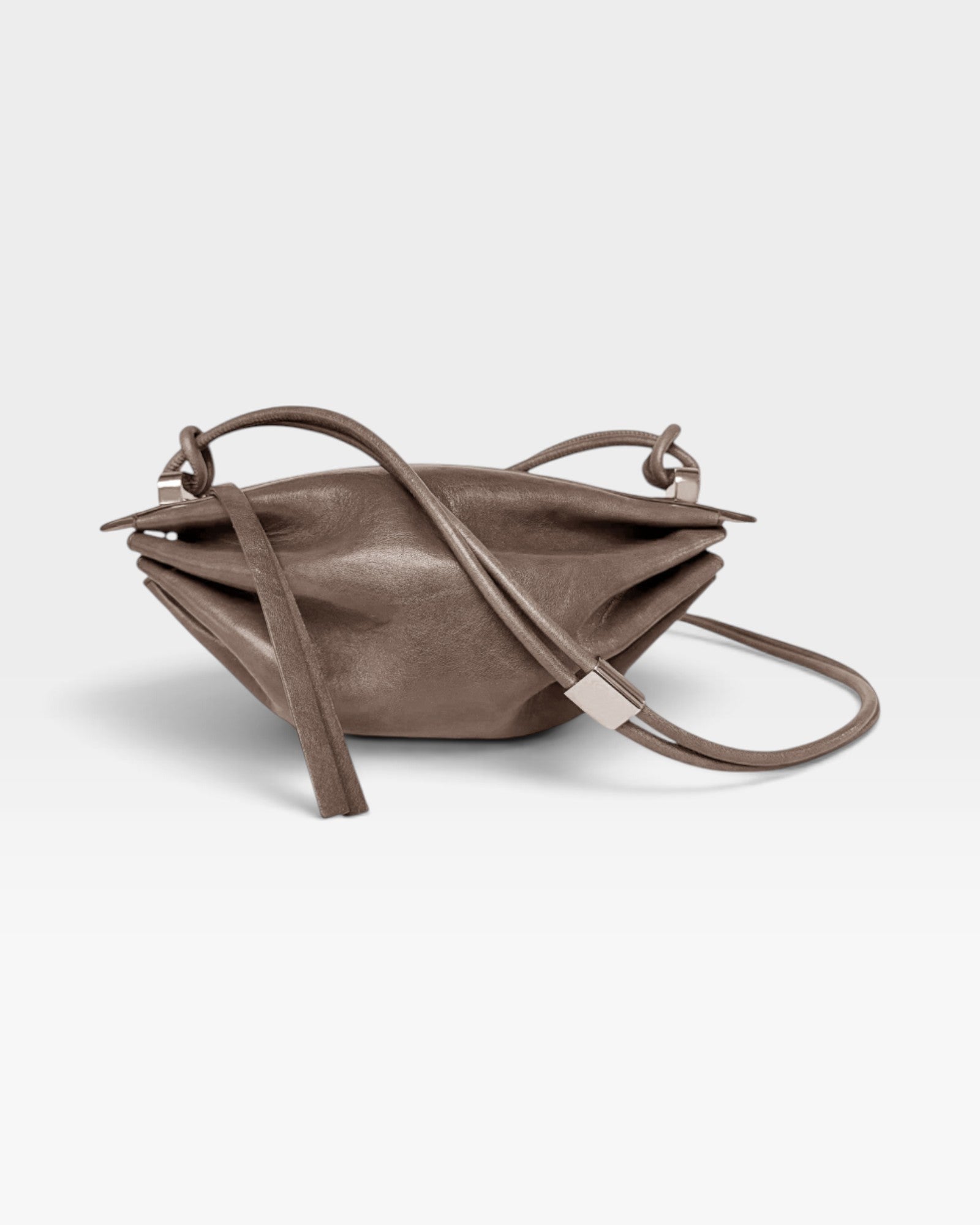 JONES + CO Bon-Bon Cords shoulder bag in shiny taupe Italian calf leather with a pleated design and palladium hardware