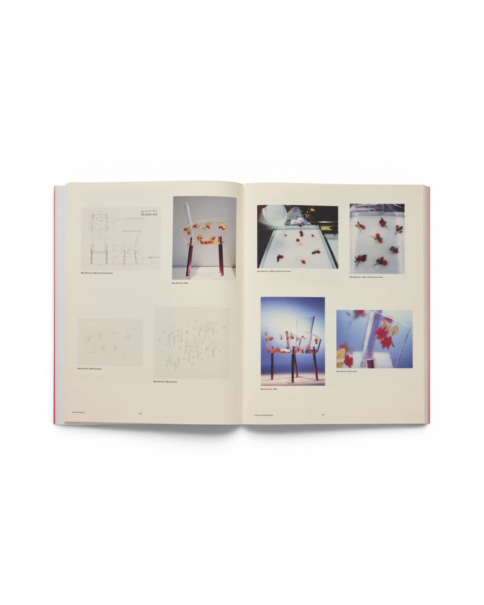 JONES + CO Shiro Kuramata monograph open book pages showing Miss Blanche chair sketches and production photos