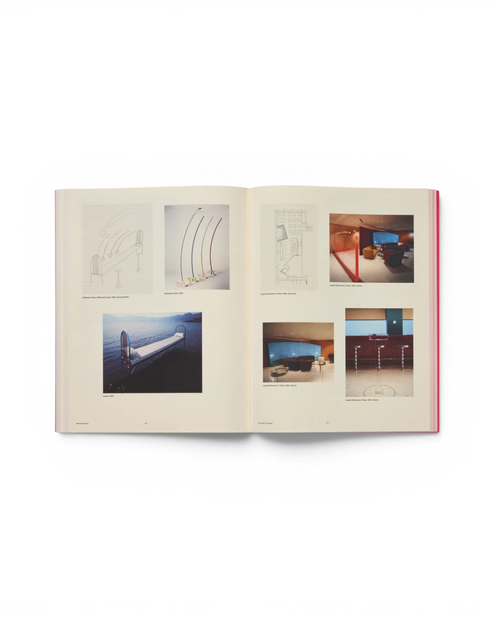 JONES + CO Shiro Kuramata monograph open to pages showing architectural sketches and interior design photography