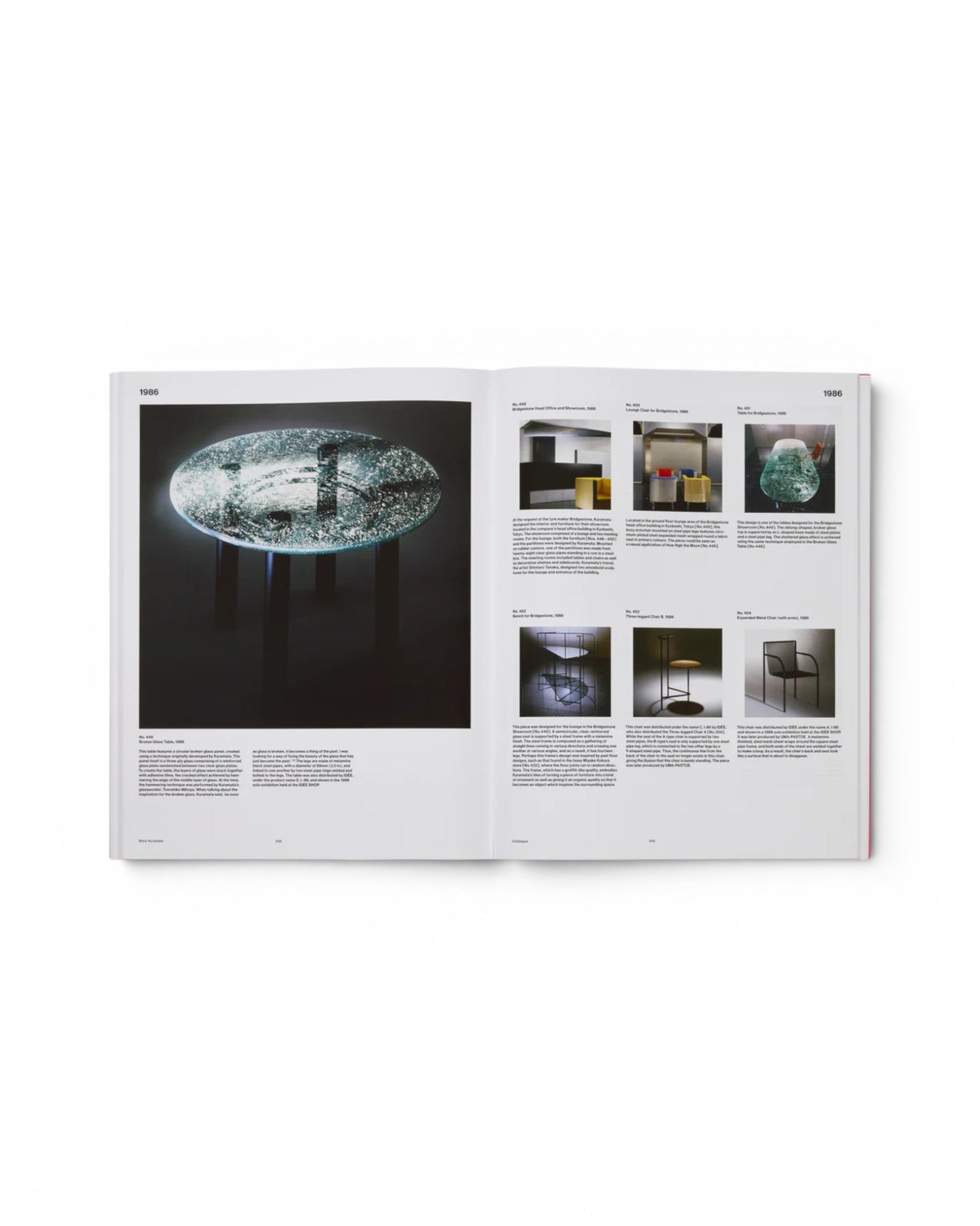 JONES + CO Shiro Kuramata monograph open book pages showing Glass Table and furniture designs from 1986