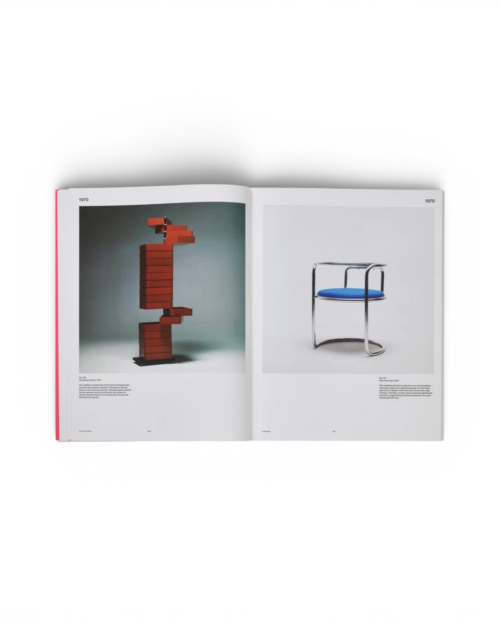 JONES + CO Shiro Kuramata monograph open to pages showing red geometric sculpture and blue and chrome chair designs.