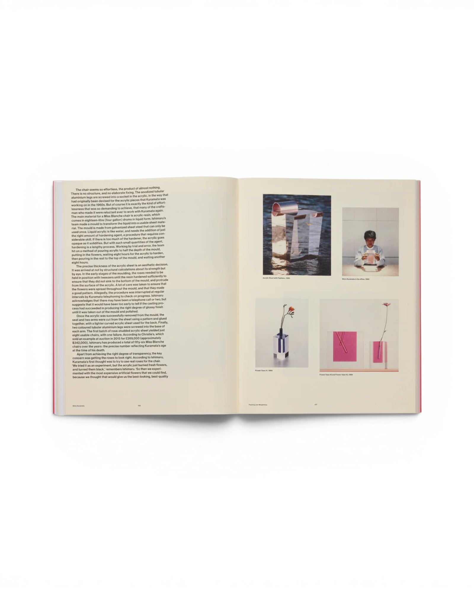 JONES + CO Shiro Kuramata monograph open to pages showing acrylic flower vases and design sketches
