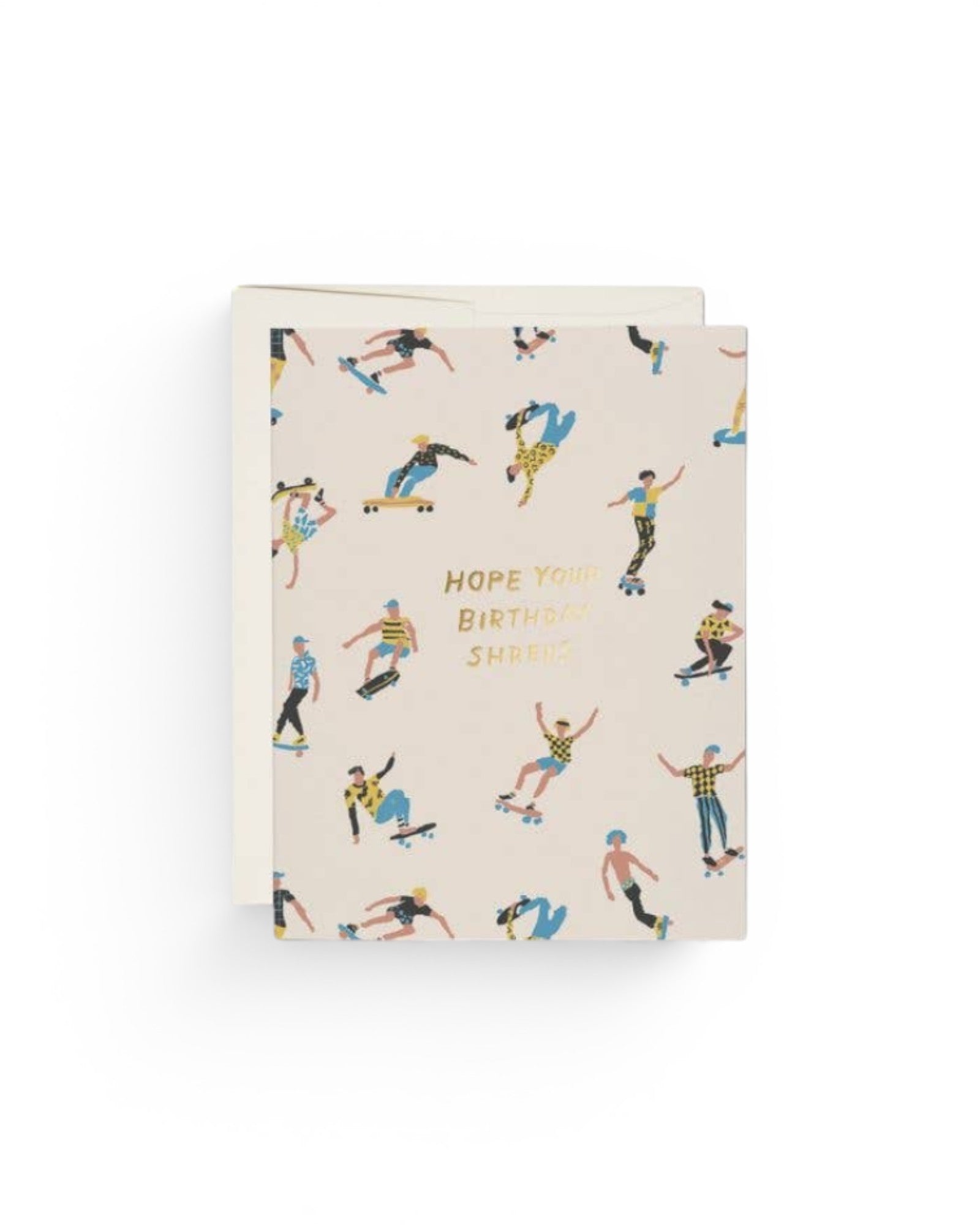 JONES + CO Shreds birthday card featuring a skater pattern on recycled paper with gold foil lettering