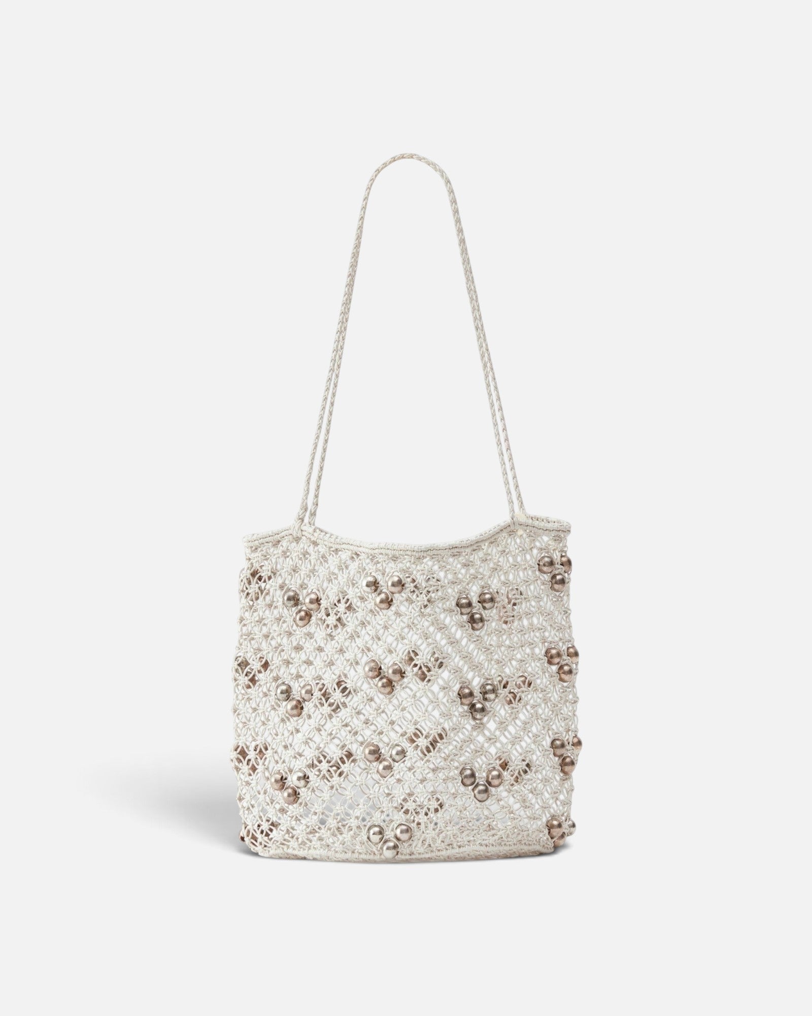 JONES + CO Mini Web Bag in silver featuring intricate leather macrame weaving and decorative bamboo beads.