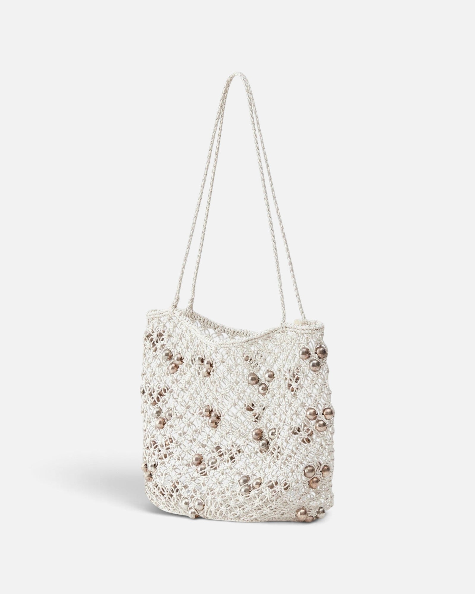 JONES + CO Mini Web Bag in silver featuring intricate macrame leather weaving and decorative bamboo beads