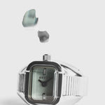 JONES + CO BREDA Nocturne Time Ring in silver stainless steel with a smoke-colored crystal and expandable band.