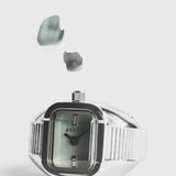 JONES + CO BREDA Nocturne Time Ring in silver stainless steel with a smoke-colored crystal and expandable band.