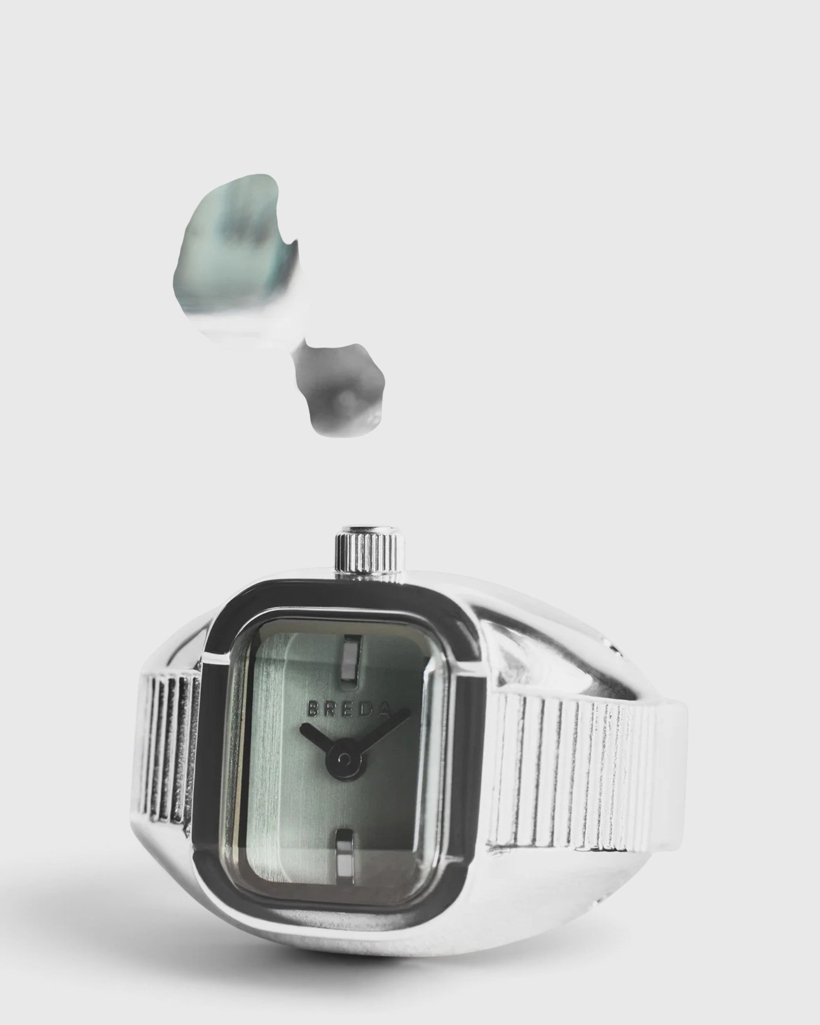 JONES + CO BREDA Nocturne Time Ring in silver stainless steel with a smoke-colored crystal and expandable band.