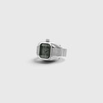 JONES + CO BREDA Nocturne Time Ring in silver stainless steel with a smoke-colored crystal and expandable band.