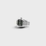 JONES + CO BREDA Nocturne Time Ring in silver stainless steel with a smoke-colored crystal and expandable band.