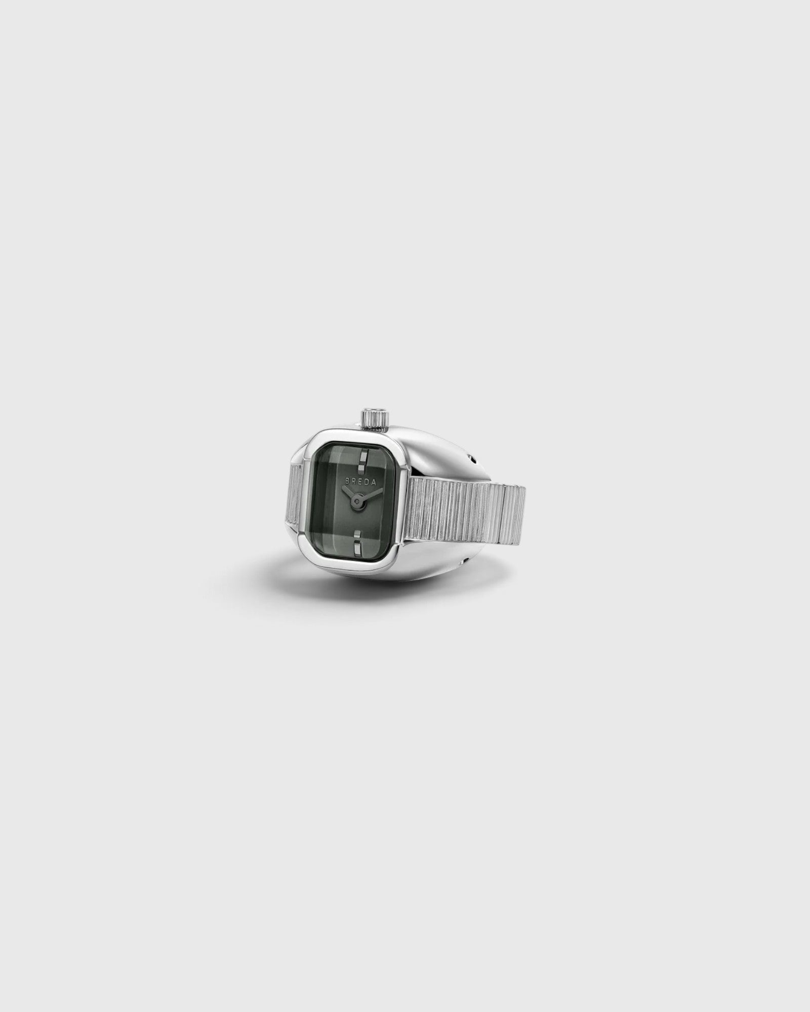 JONES + CO BREDA Nocturne Time Ring in silver stainless steel with a smoke-colored crystal and expandable band.