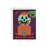 JONES + CO Spooky Treats greeting card featuring a jack-o-lantern gumball machine illustration with a green hand.