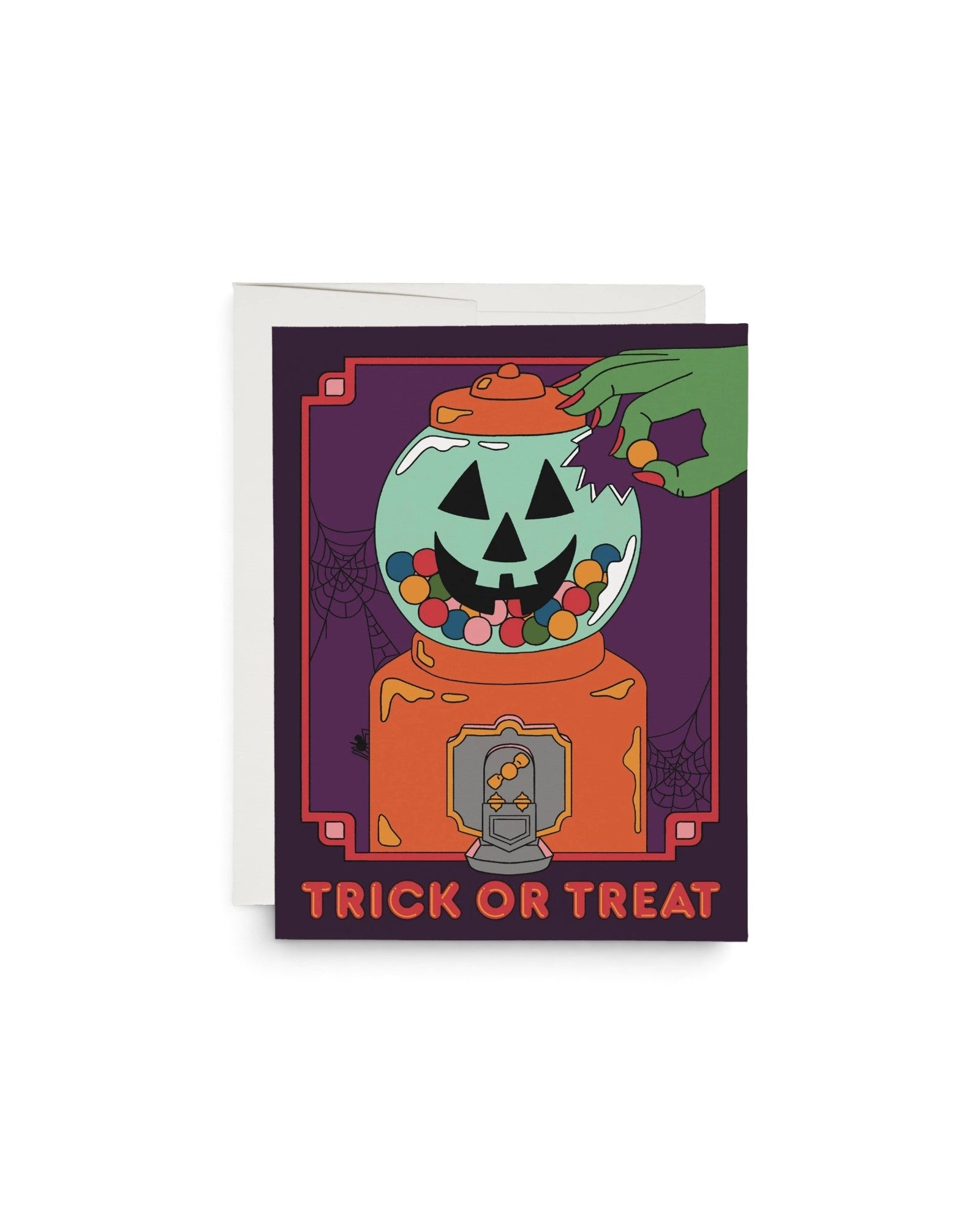 JONES + CO Spooky Treats greeting card featuring a jack-o-lantern gumball machine illustration with a green hand.