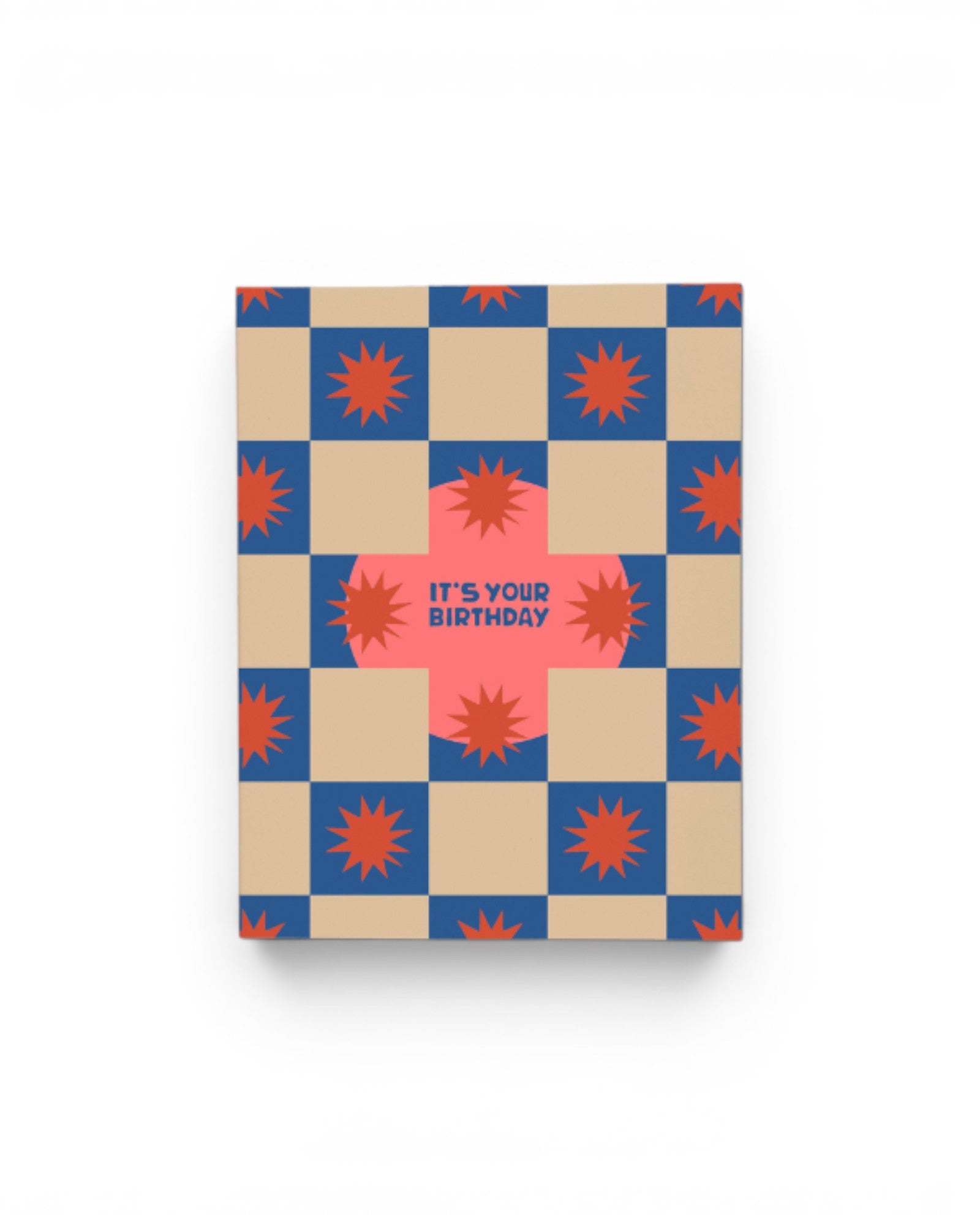 JONES + CO Squares and Bursts birthday card with blue and beige checkerboard pattern and red starburst illustrations.