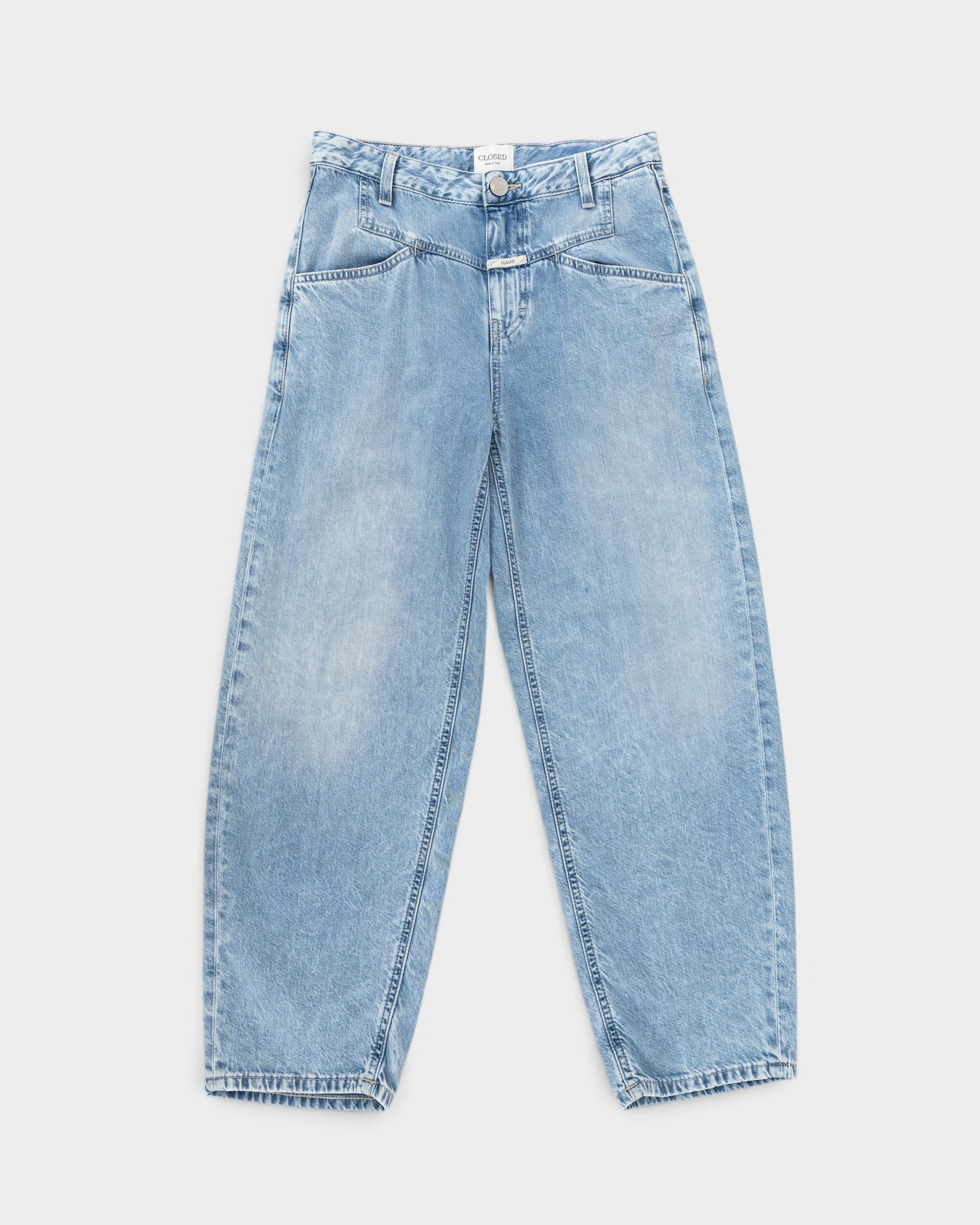 JONES + CO Stover-X light blue organic cotton relaxed fit jeans with signature X-pockets and cropped leg