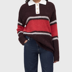 JONES + CO relaxed fit alpaca-wool blend polo jumper in cinder brown and red with white cotton collar and stripes