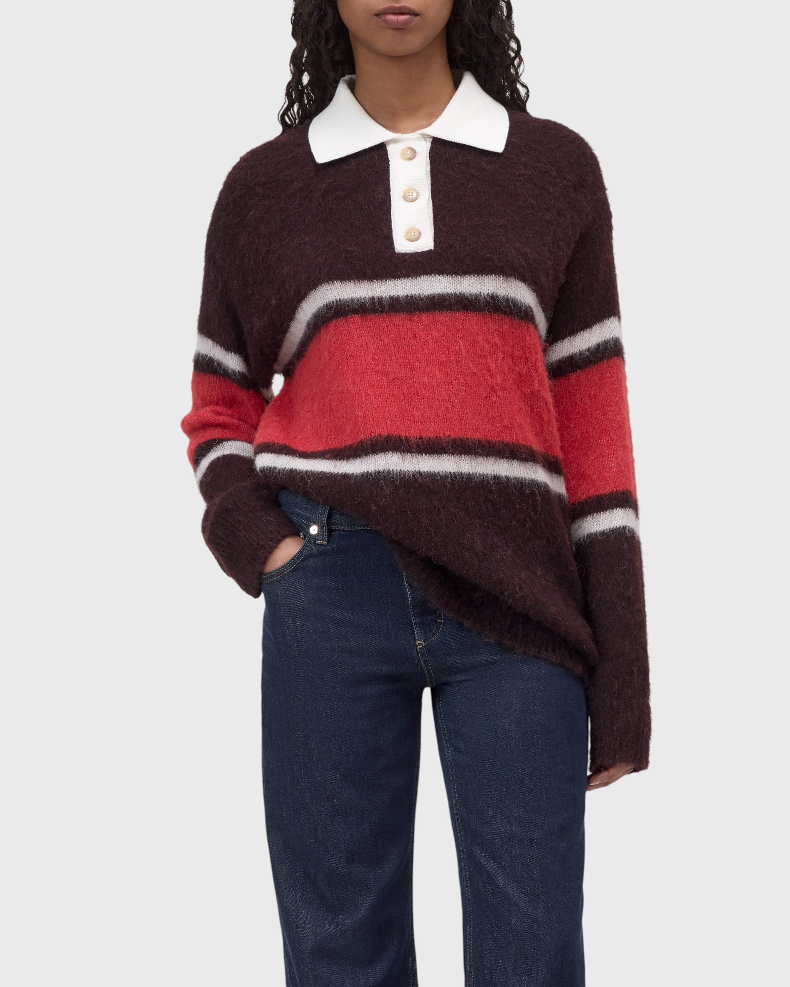 JONES + CO relaxed fit alpaca-wool blend polo jumper in cinder brown and red with white cotton collar and stripes