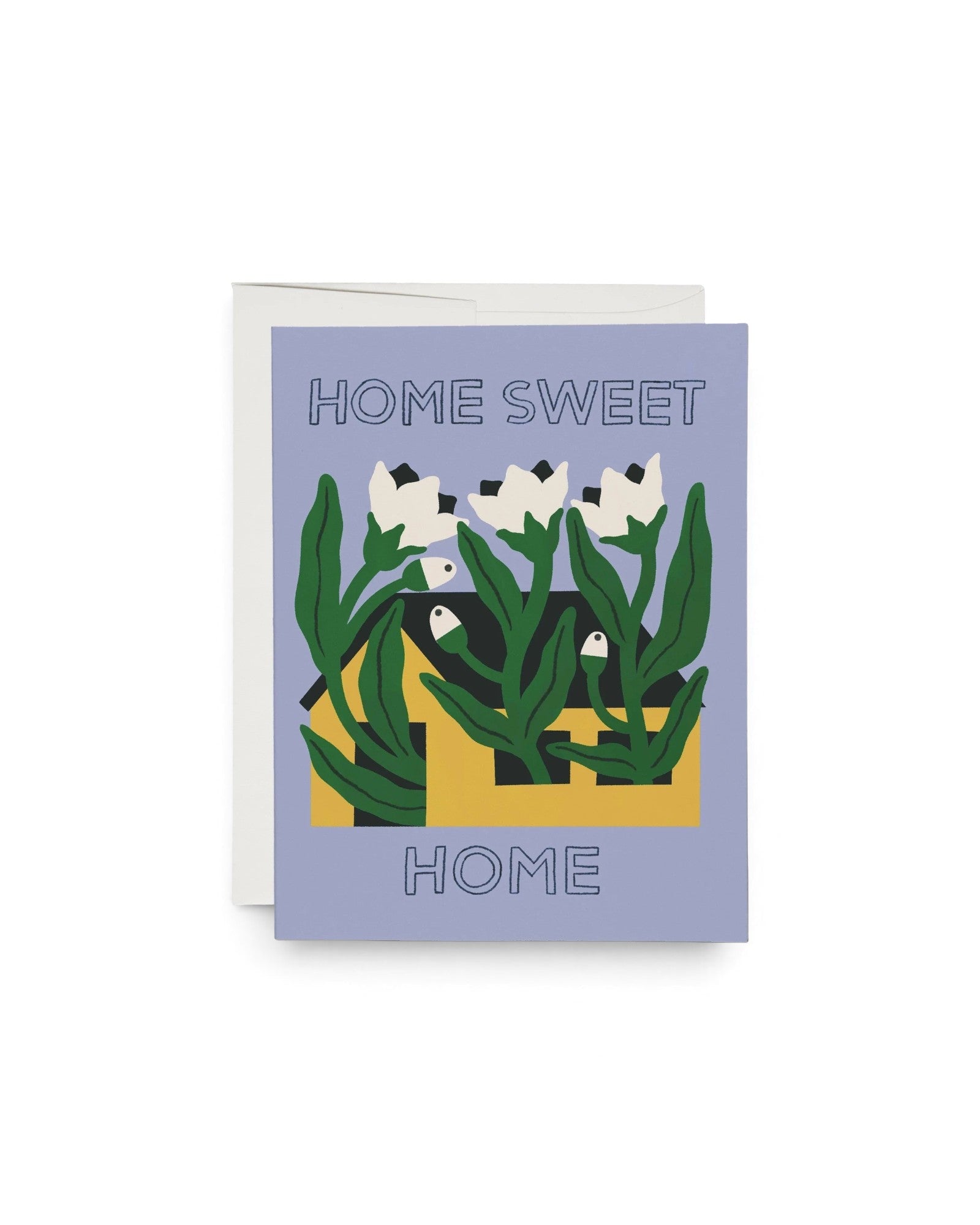 JONES + CO Sweet Home greeting card featuring a yellow house illustration with white flowers on a light purple background