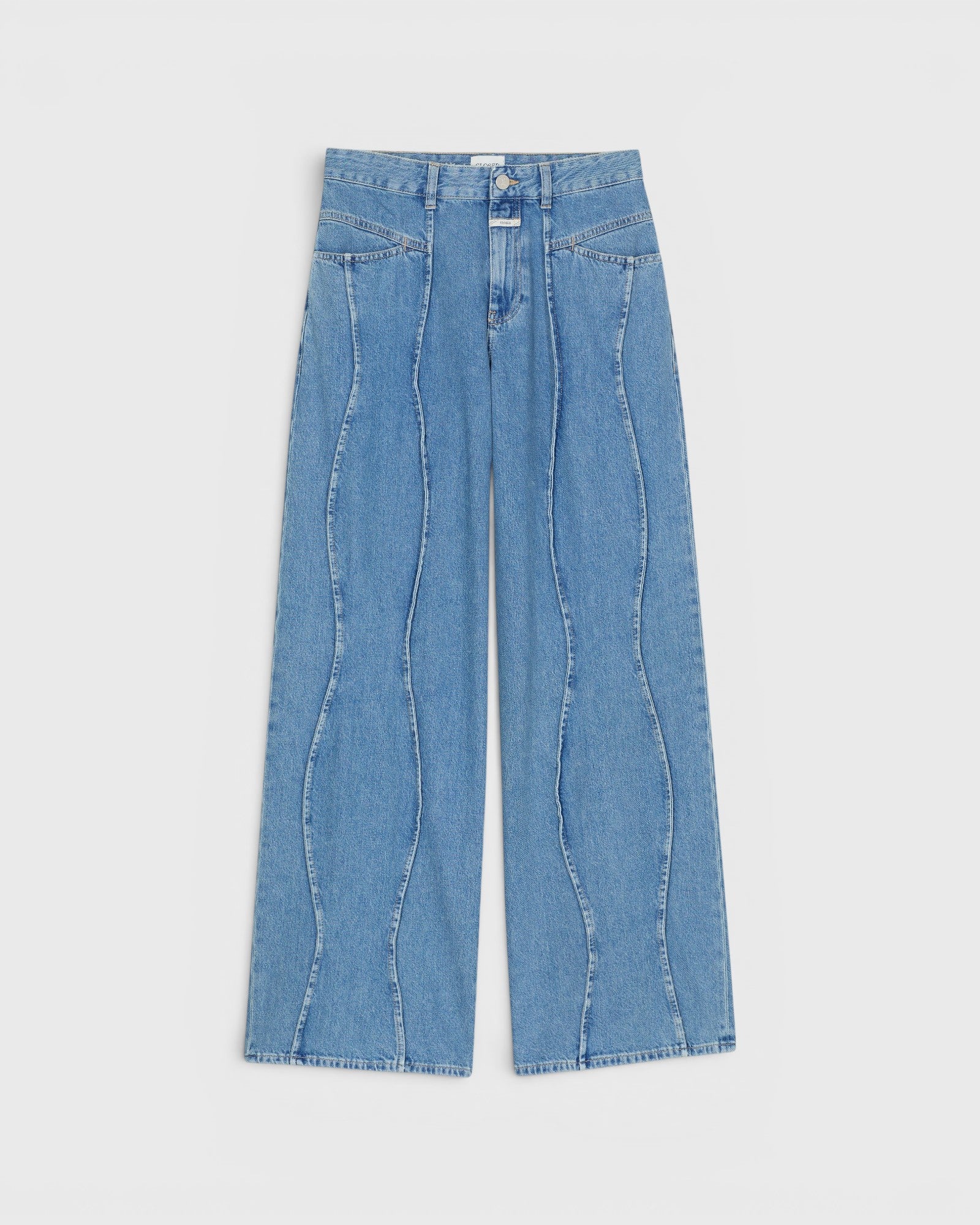 JONES + CO Tali-X wide-leg denim jeans in mid blue with signature curved seaming and high-waist fit.