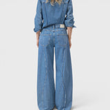 JONES + CO Tali-X wide-leg denim jeans in mid blue with curved seaming and high waist, back view on a model.