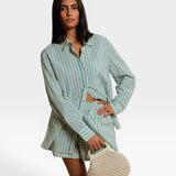 JONES + CO Avalon teal blue and sugar stripe cotton poplin button-down shirt and matching shorts set on a model