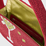 JONES + CO Tommy beaded shoulder bag in red with martini glass design, vegan leather piping, and olive green lining.