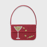 JONES + CO Tommy hand-beaded shoulder bag in red with a martini glass and olive print and vegan leather piping.