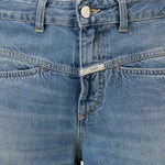JONES + CO Tori-X barrel jeans in mid blue denim featuring signature X-pockets and offset side seams.