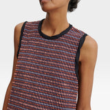 JONES + CO Valley midi dress in russet Stretchy Check fabric with black contrast binding at the scoop neckline