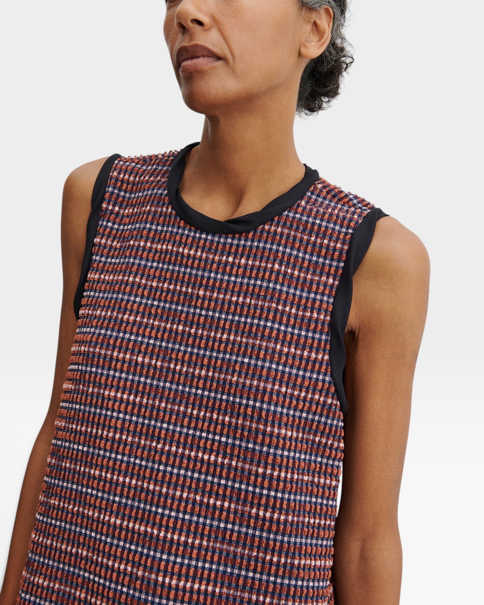 JONES + CO Valley midi dress in russet Stretchy Check fabric with black contrast binding at the scoop neckline