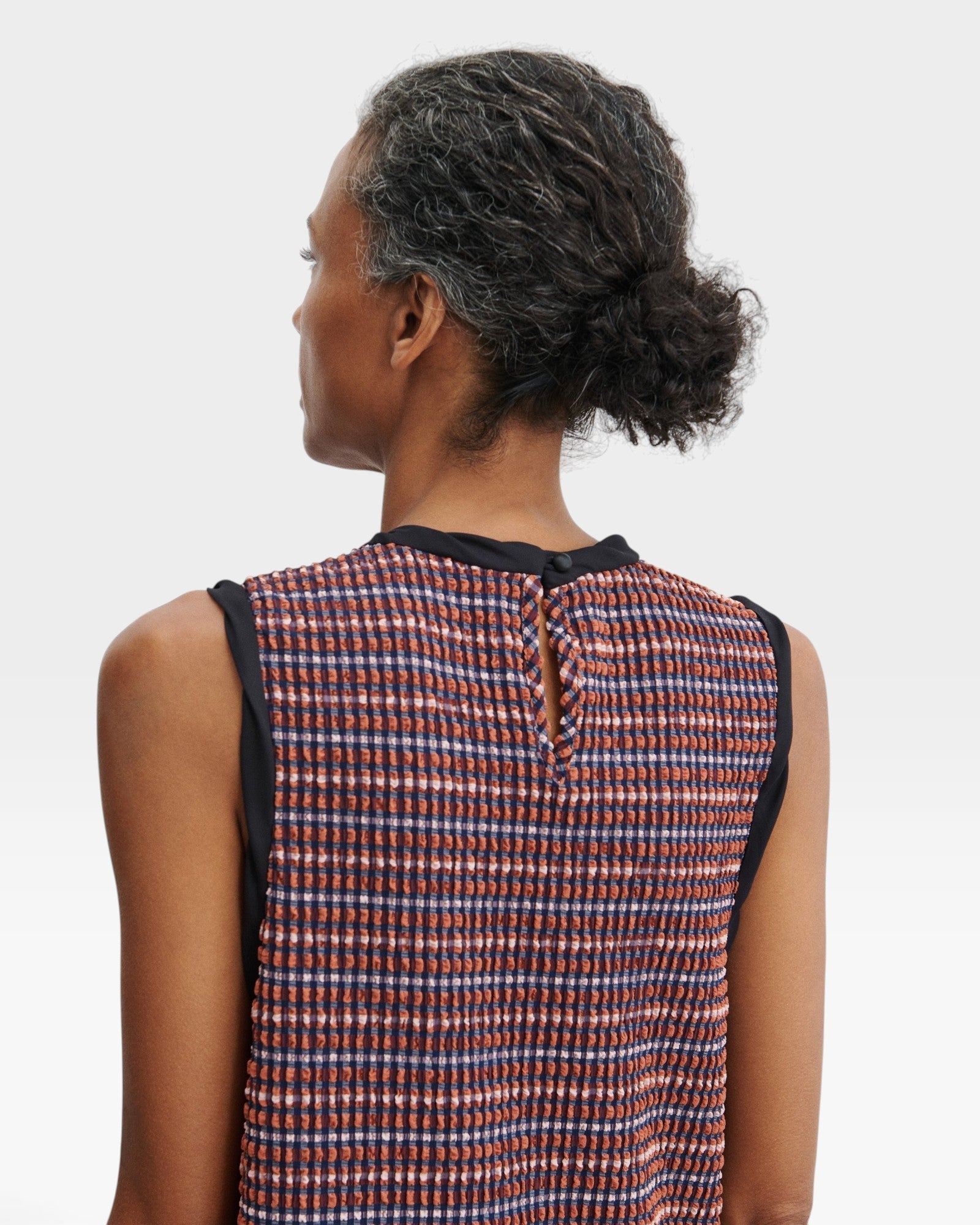 JONES + CO Valley midi dress in russet stretchy check fabric with black contrast binding and back button closure