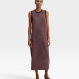 JONES + CO Valley midi dress in russet Stretchy Check fabric with black contrast binding and a straight silhouette.