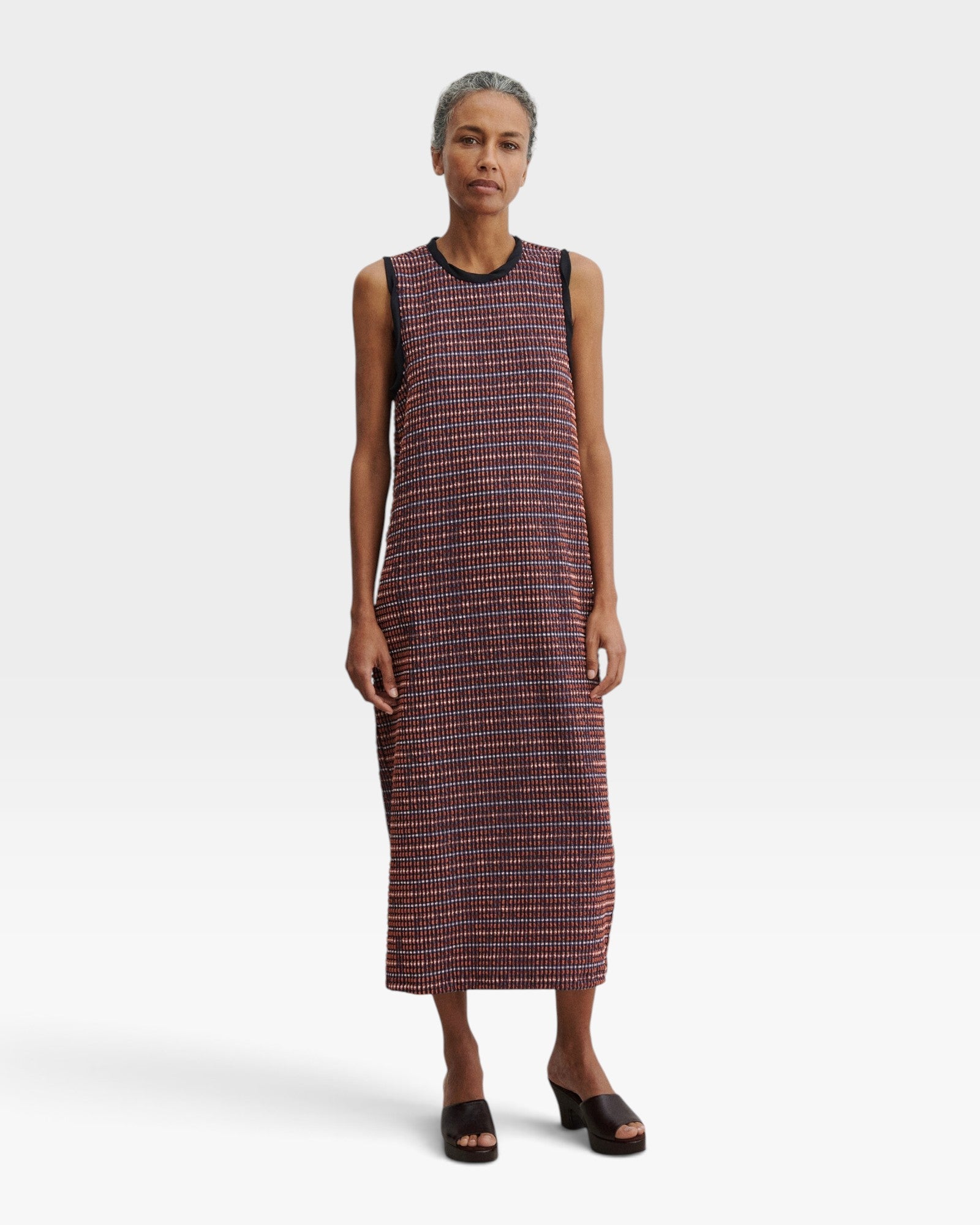 JONES + CO Valley midi dress in russet Stretchy Check fabric with black contrast binding and a straight silhouette.