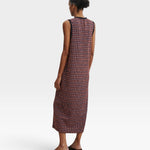 JONES + CO Valley midi dress in russet stretchy check fabric with contrast binding and back button closure