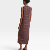 JONES + CO Valley midi dress in russet stretchy check fabric with contrast binding and back button closure