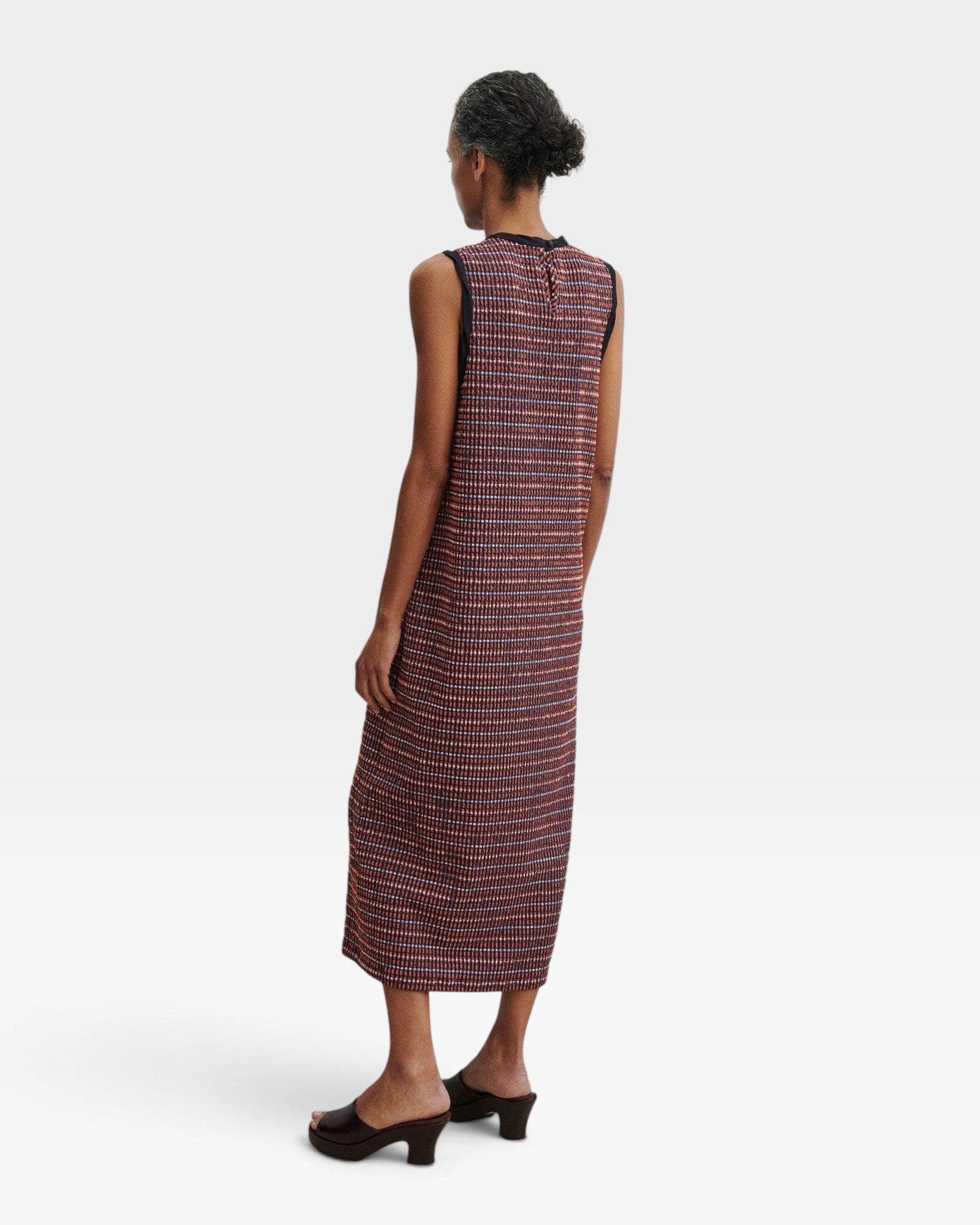 JONES + CO Valley midi dress in russet stretchy check fabric with contrast binding and back button closure