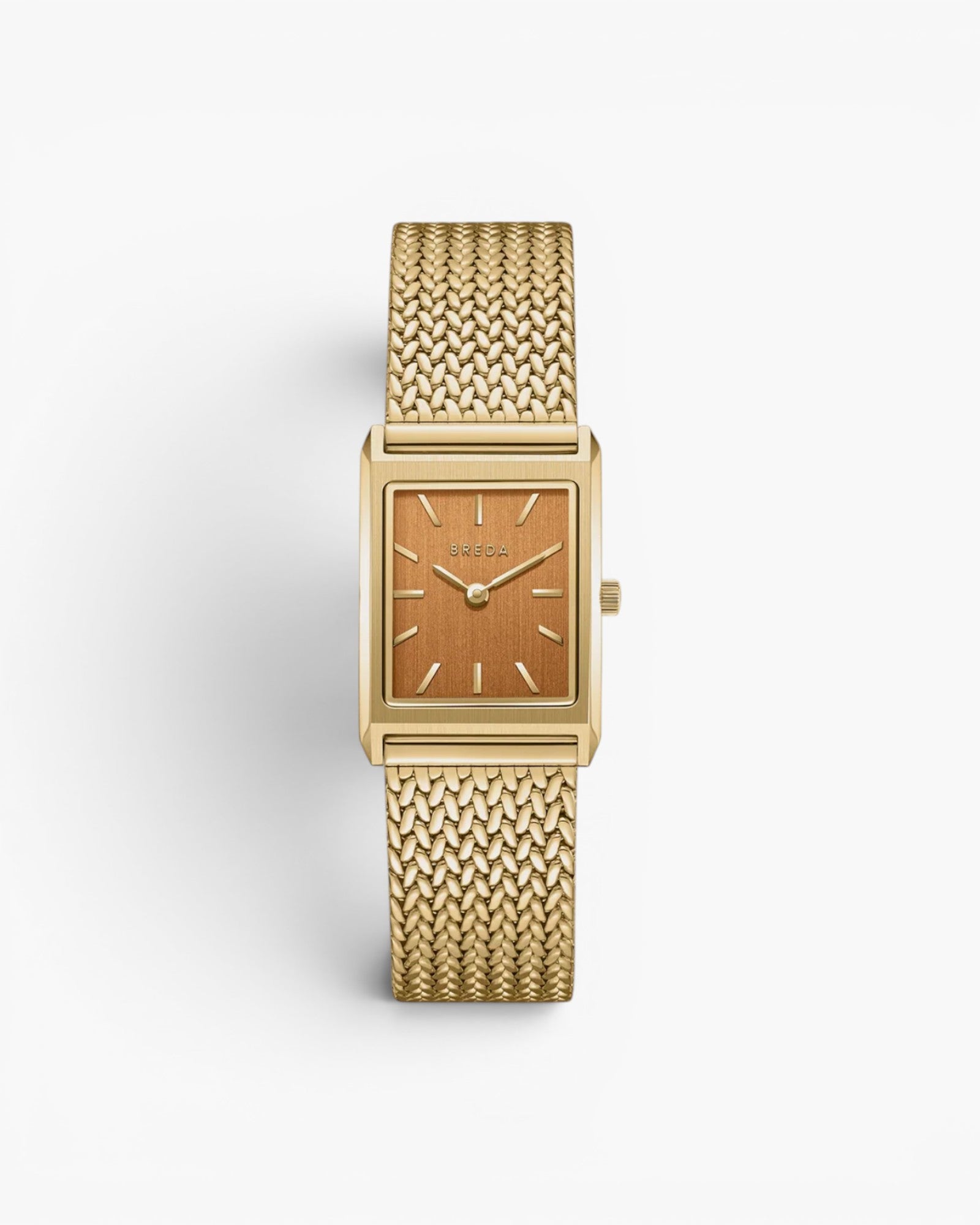 JONES + CO Virgil Small watch featuring a gold rectangular case, ochre dial, and woven mesh bracelet.